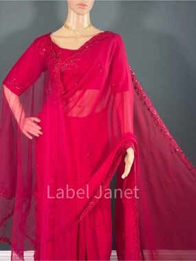 Red Chiffon Saree Dress with Embroidered Detail(Brand New)